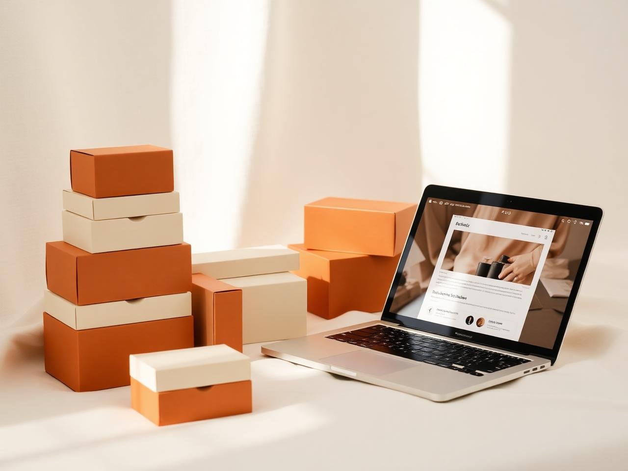 Neatly stacked product packaging next to a laptop