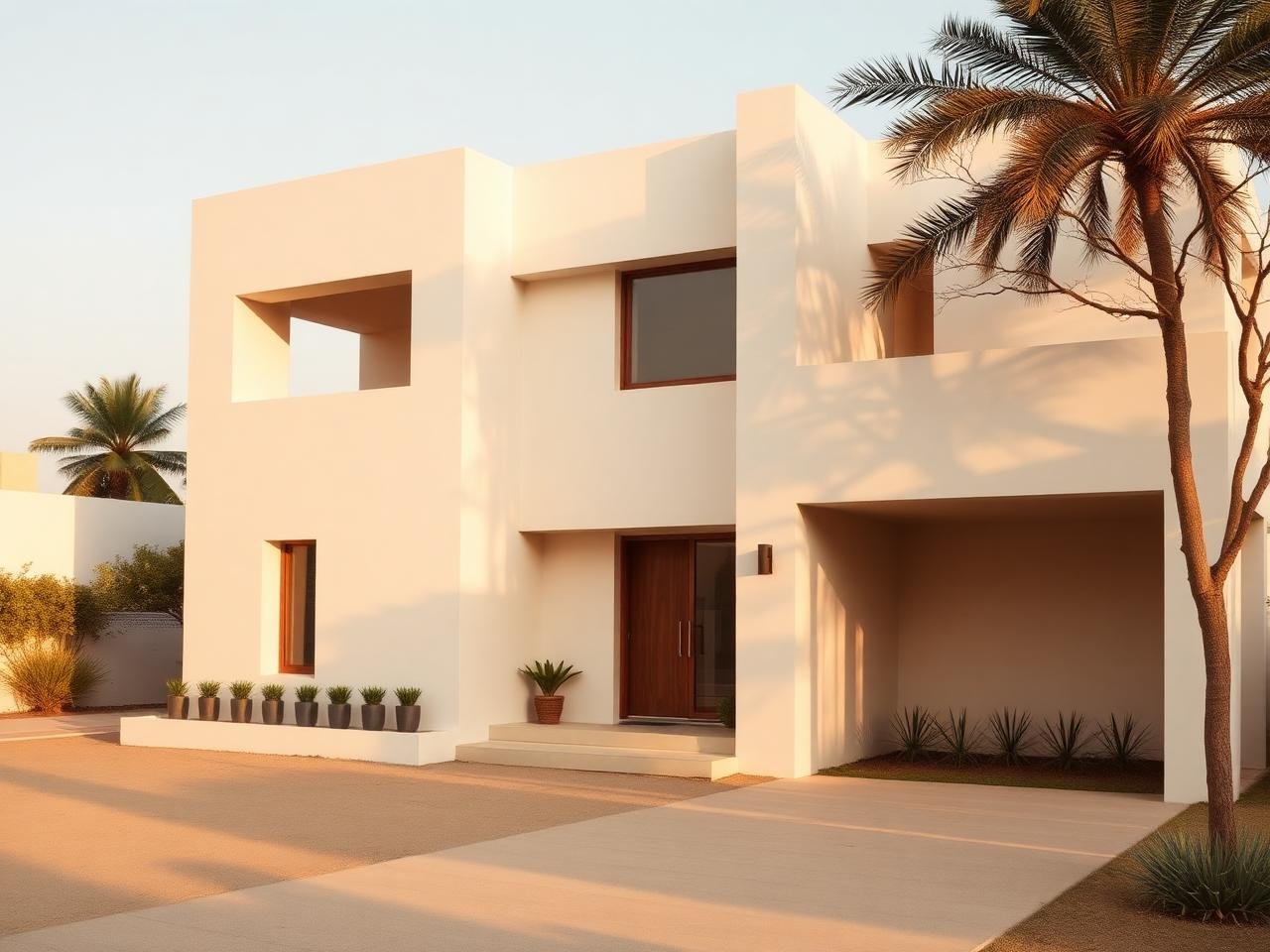 Modern minimalist home exterior at golden hour