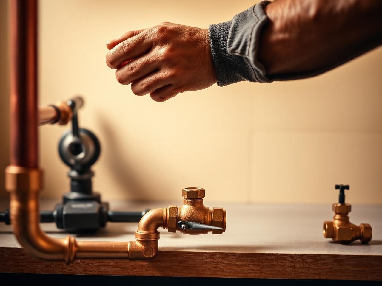 Copper pipes and brass fittings on a clean workbench